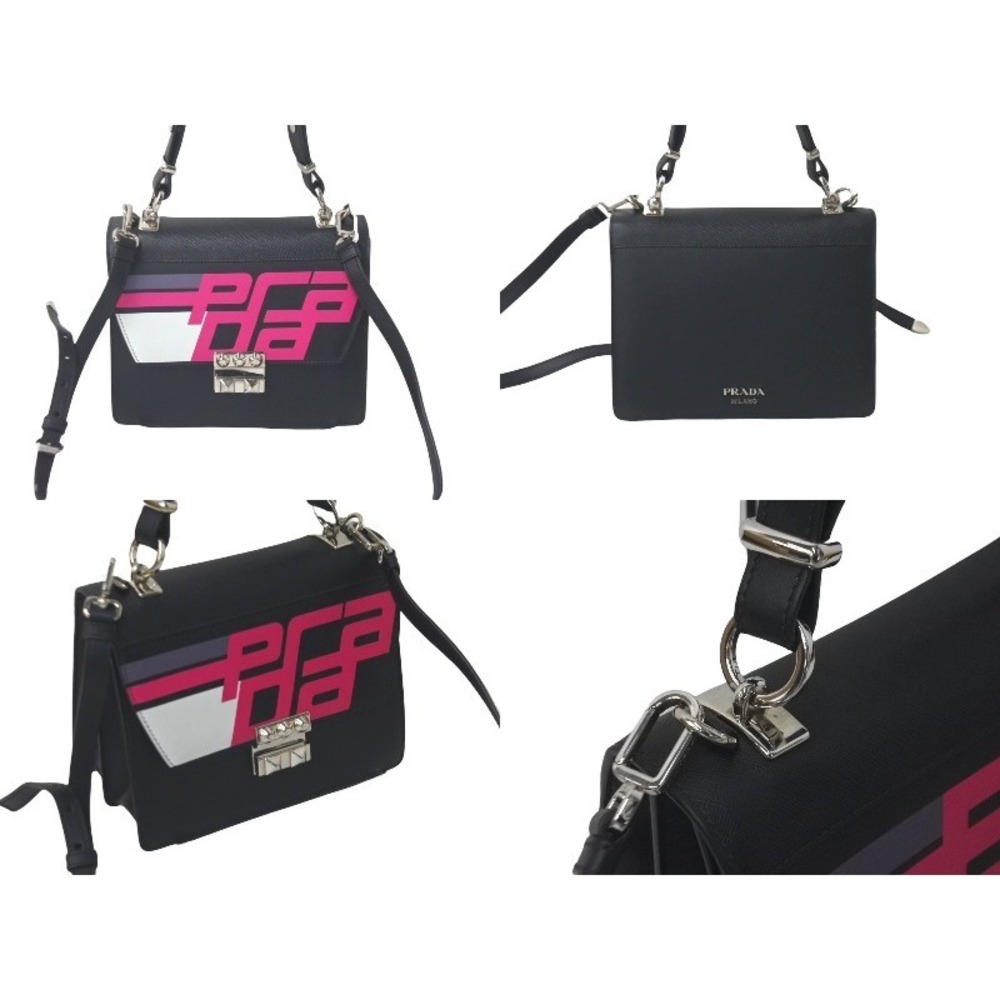 Very Prada shoulder bag Saffiano leather studs black pink racing logo - Picture 2 of 9